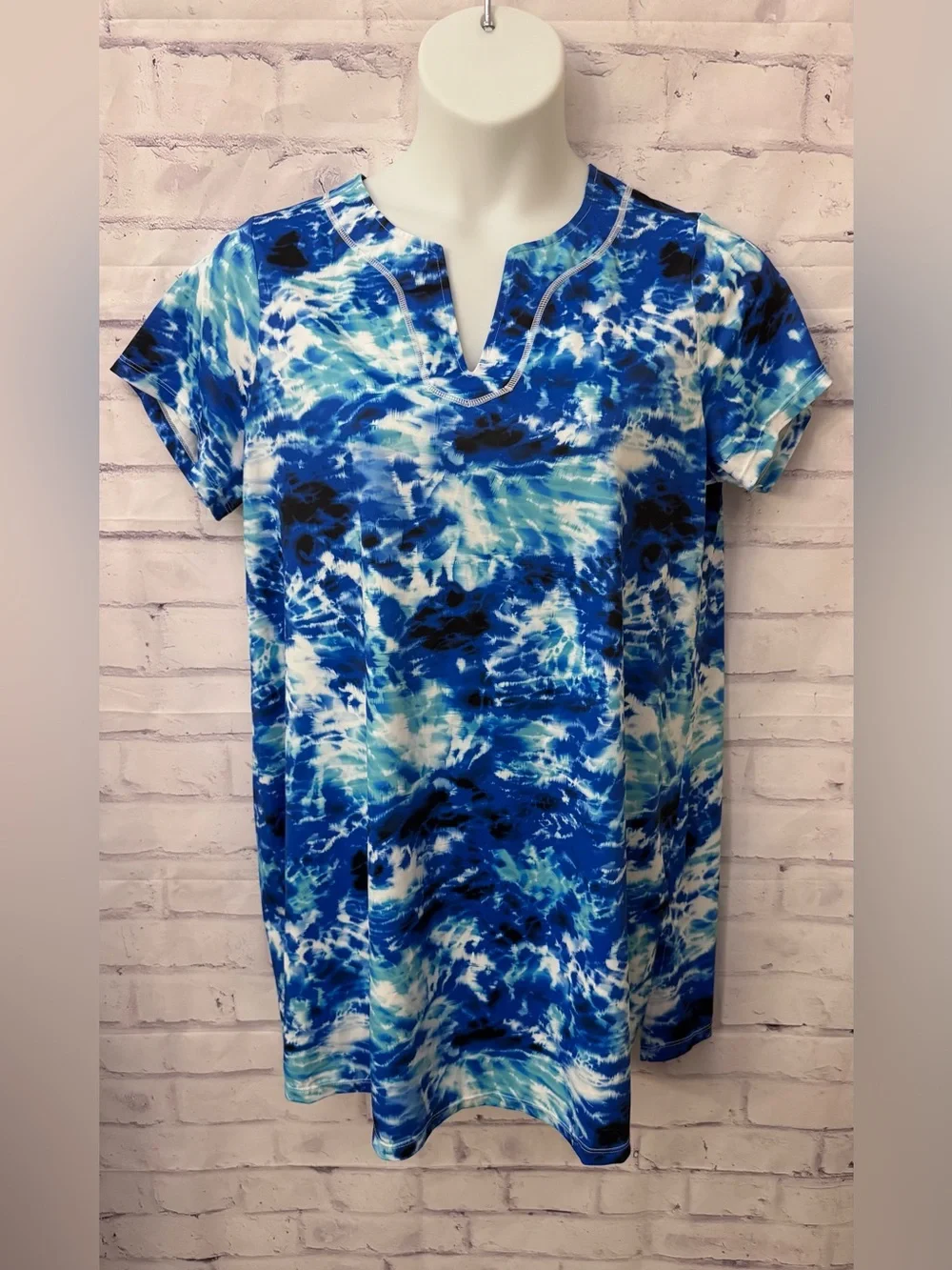 Swimsuits For All Plus Sz 18 Short Sleeve Swim Tunic Top Blue Tie Dye Modest